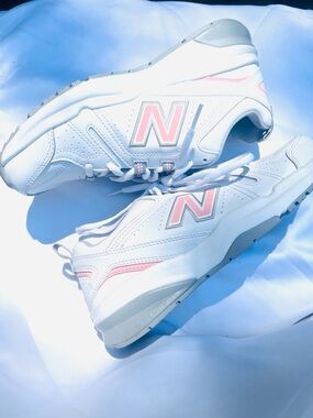 New Balance WX608v5 White Sneakers with Pink Trim. Pristine